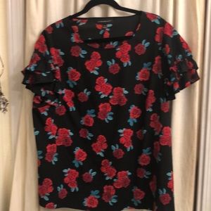 Red flower blouse with ruffle sleeves